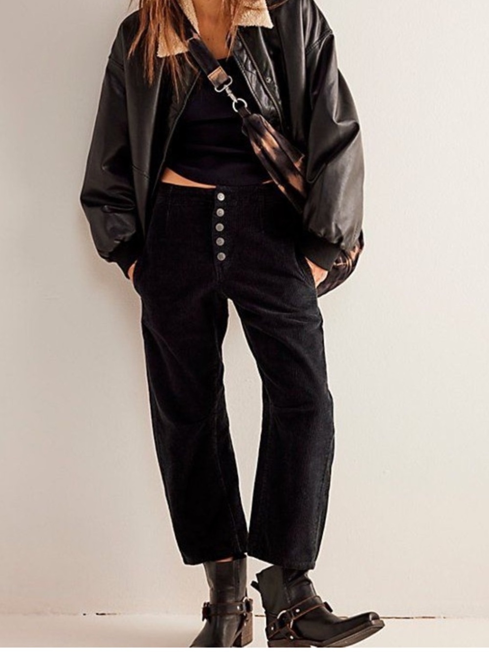 Free People We The Free Osaka Mid Rise Barrel Cotton Pants Slouchy Size 26 Black